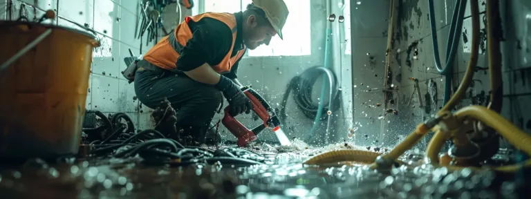 a skilled plumber using specialized tools to quickly unclog a drain, surrounded by a mess of debris and water.