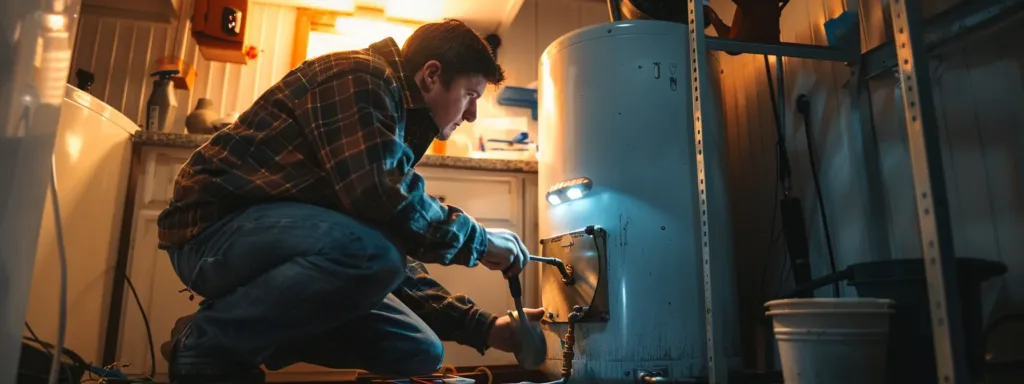 a homeowner confidently checking for leaks and corrosion on their water heater, with tools and a flushing tank nearby for maintenance.