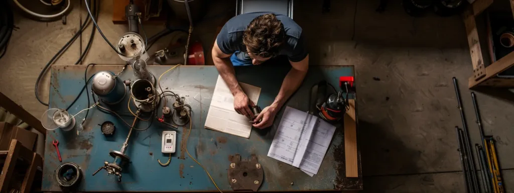 a licensed plumber in bend, oregon carefully installing a water heater, surrounded by inspection documents and tools.