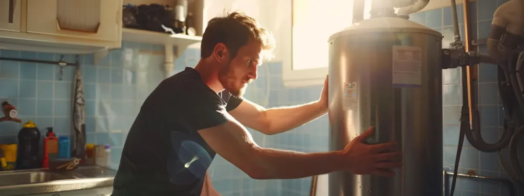 a plumber carefully positioning a shiny new water heater in a bright and tidy utility room.